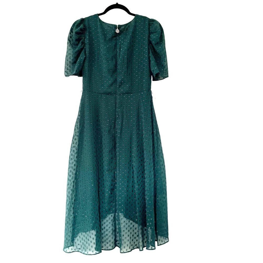 Tommy Hilfiger Emerald Green Faux Wrap Midi Dress Puff Sleeve Glitter Dot - Picture 3 of 16